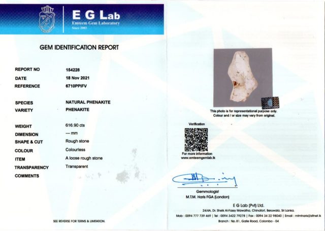 Phenakite E G Labs certificate